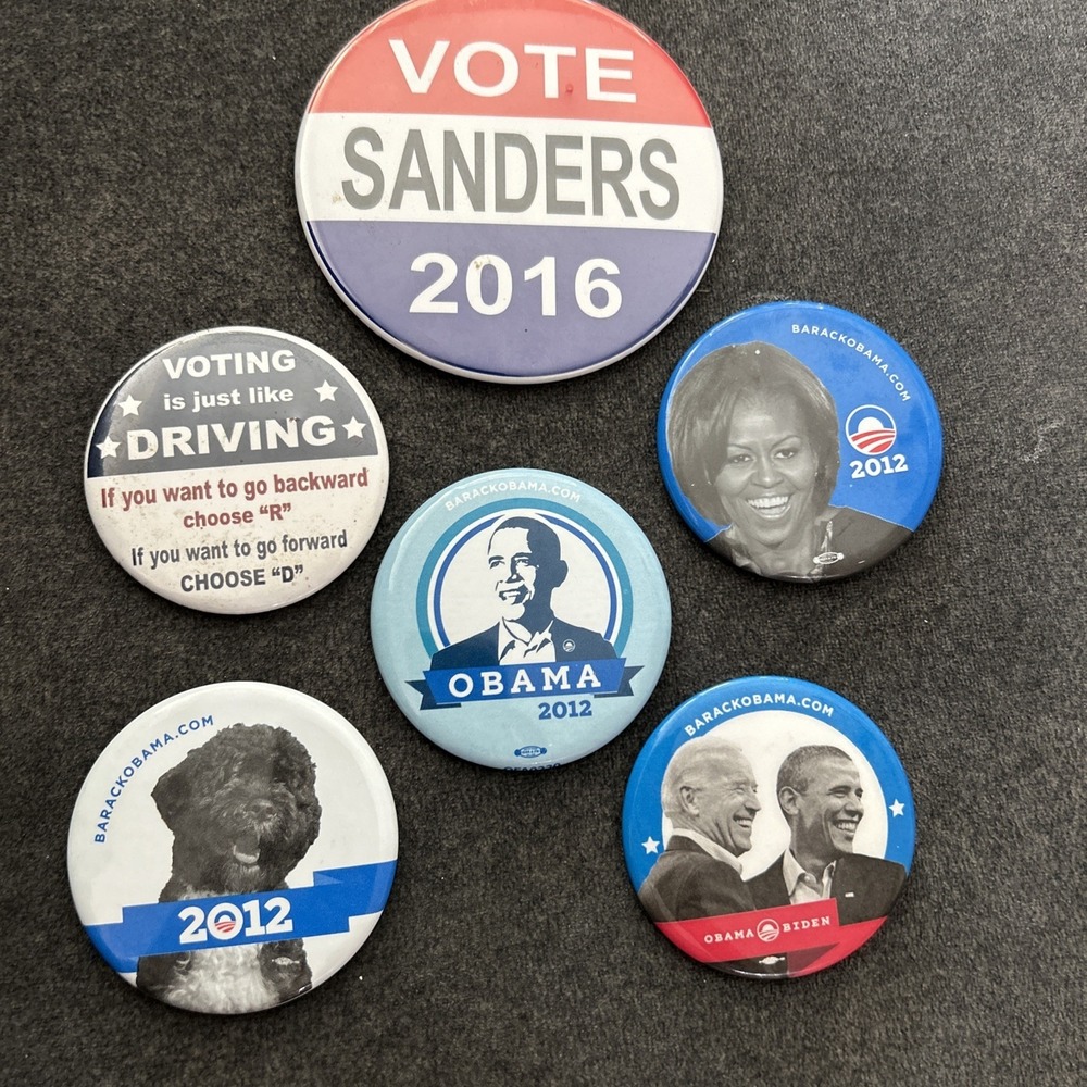Lot of 6 Presidential Political Pin Back Buttons Obama 2012 Sanders 2016